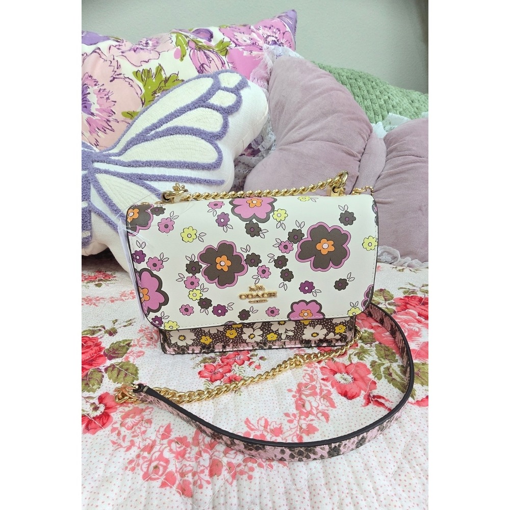 Coach Klare Crossbody Bag Signature Canvas Retro Floral Print Gold Chain Pink